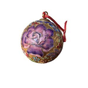 Vintage Cloisonne Enamel Round Floral Ornament With Red Ribbon